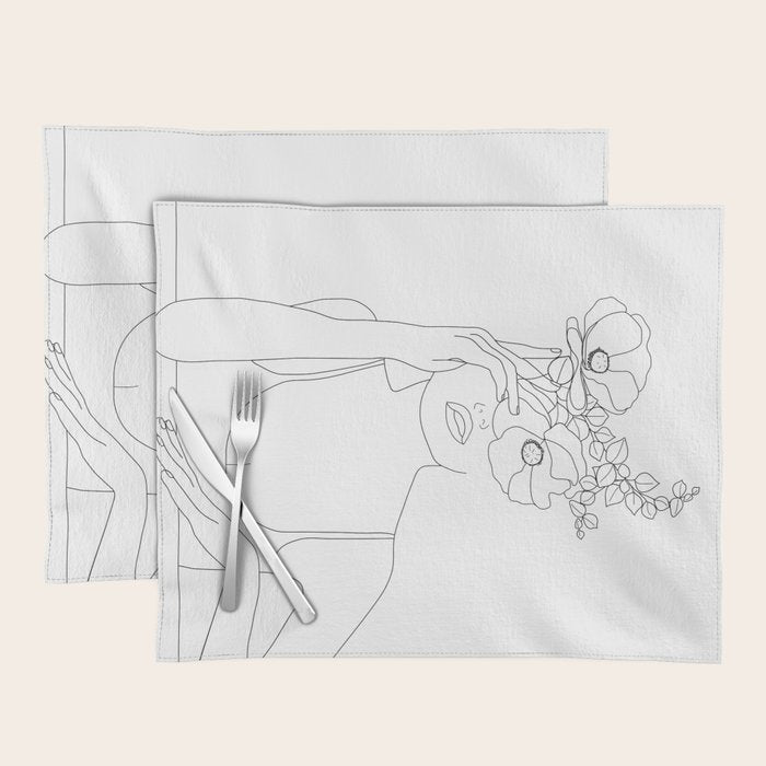 Minimal Line Art Woman with Flowers II Placemat Gallery Image 1