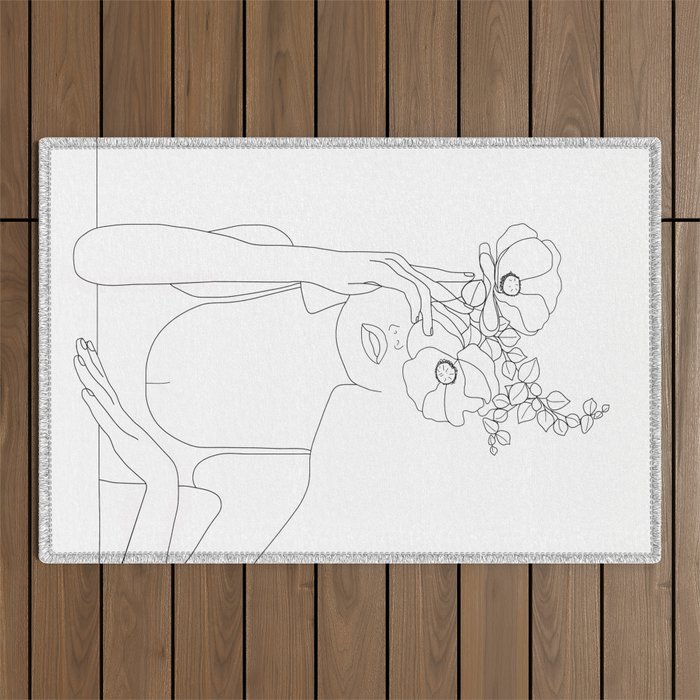 Minimal Line Art Woman with Flowers II Outdoor Rug Gallery Image 1