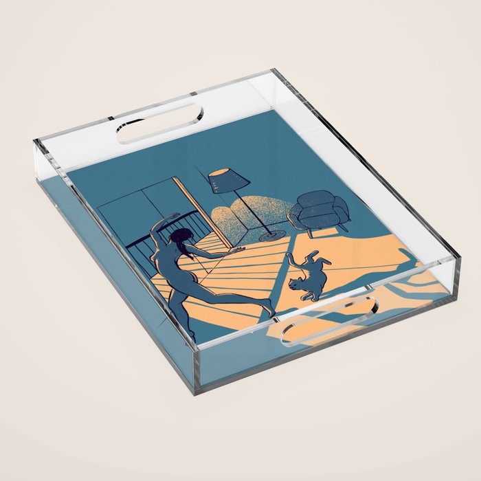 Dancing with the cat | Blue Moody sunset light and shadows Aesthetic room | Naked dance Femme Fatale Acrylic Tray Gallery Image 1