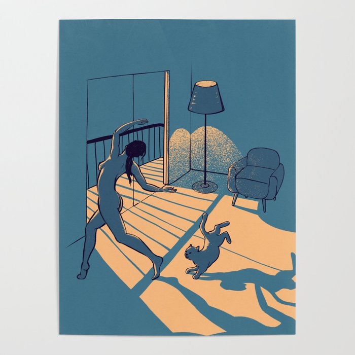 Dancing with the cat | Blue Moody sunset light and shadows Aesthetic room | Naked dance Femme Fatale Poster Gallery Image 1