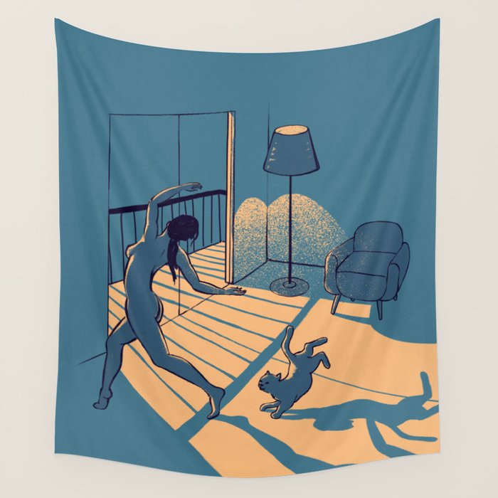 Dancing with the cat | Blue Moody sunset light and shadows Aesthetic room | Naked dance Femme Fatale Wall Tapestry Gallery Image 4