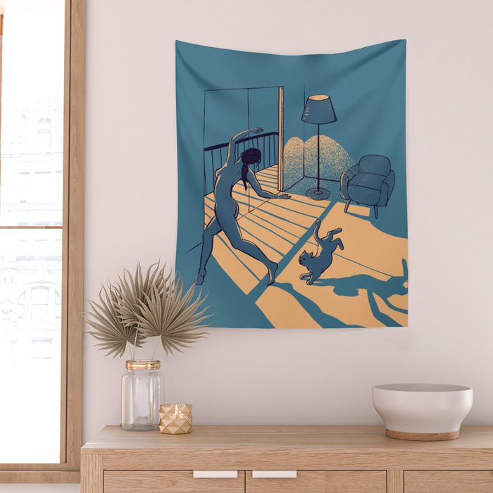 Dancing with the cat | Blue Moody sunset light and shadows Aesthetic room | Naked dance Femme Fatale Wall Tapestry Gallery Image 2