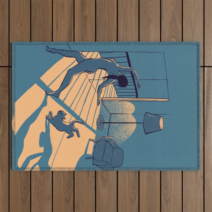 Dancing with the cat | Blue Moody sunset light and shadows Aesthetic room | Naked dance Femme Fatale Outdoor Rug Gallery Image 1