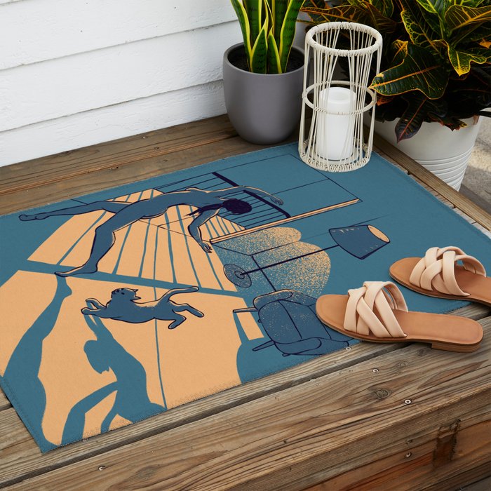 Dancing with the cat | Blue Moody sunset light and shadows Aesthetic room | Naked dance Femme Fatale Outdoor Rug Gallery Image 2