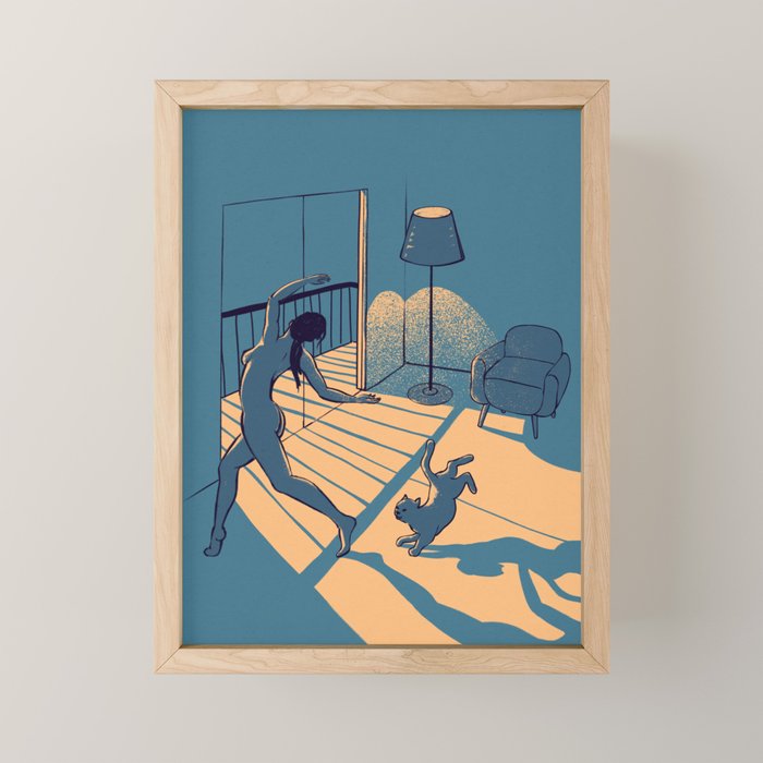 Dancing with the cat | Blue Moody sunset light and shadows Aesthetic room | Naked dance Femme Fatale Mini Art Print