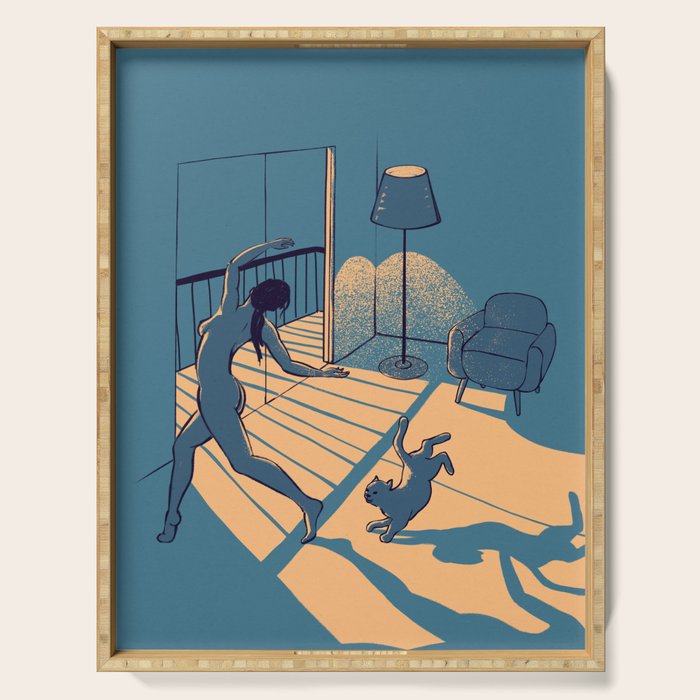 Dancing with the cat | Blue Moody sunset light and shadows Aesthetic room | Naked dance Femme Fatale Serving Tray Gallery Image 1