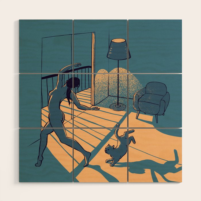 Dancing with the cat | Blue Moody sunset light and shadows Aesthetic room | Naked dance Femme Fatale Wood Wall Art Gallery Image 1