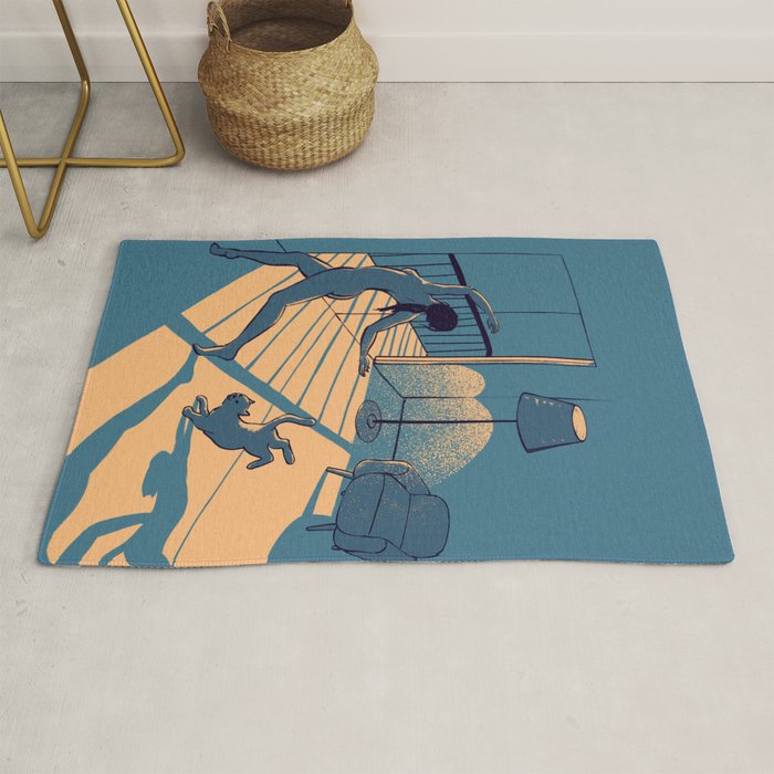 Dancing with the cat | Blue Moody sunset light and shadows Aesthetic room | Naked dance Femme Fatale Rug Gallery Image 1