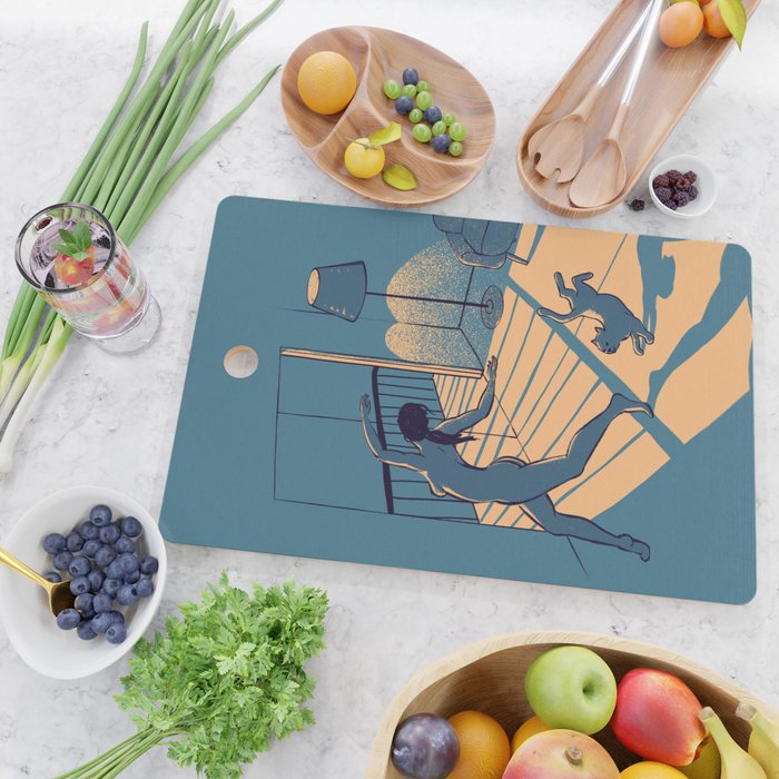 Dancing with the cat | Blue Moody sunset light and shadows Aesthetic room | Naked dance Femme Fatale Cutting Board Gallery Image 2