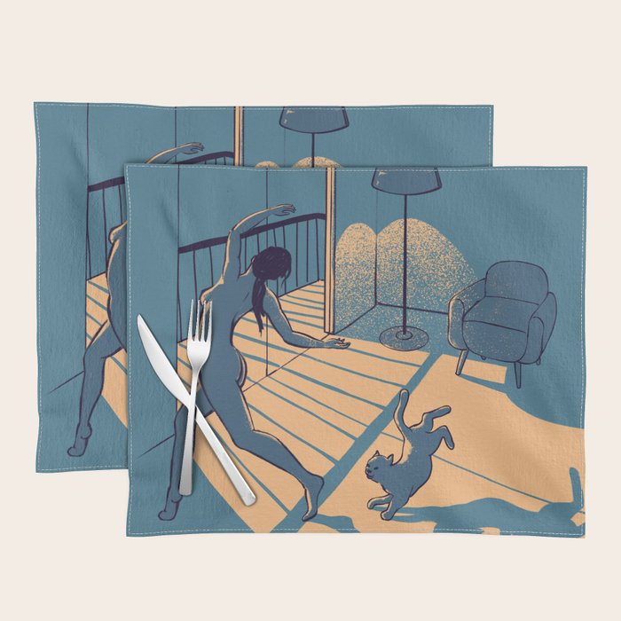 Dancing with the cat | Blue Moody sunset light and shadows Aesthetic room | Naked dance Femme Fatale Placemat Gallery Image 1