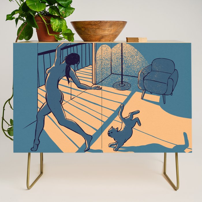 Dancing with the cat | Blue Moody sunset light and shadows Aesthetic room | Naked dance Femme Fatale Credenza Gallery Image 1