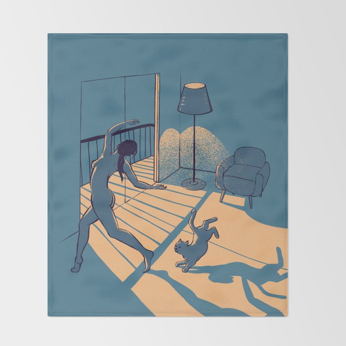 Dancing with the cat | Blue Moody sunset light and shadows Aesthetic room | Naked dance Femme Fatale Throw Blanket Gallery Image 2