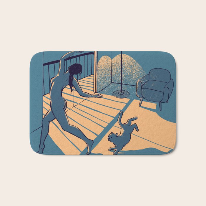Dancing with the cat | Blue Moody sunset light and shadows Aesthetic room | Naked dance Femme Fatale Bath Mat Gallery Image 1