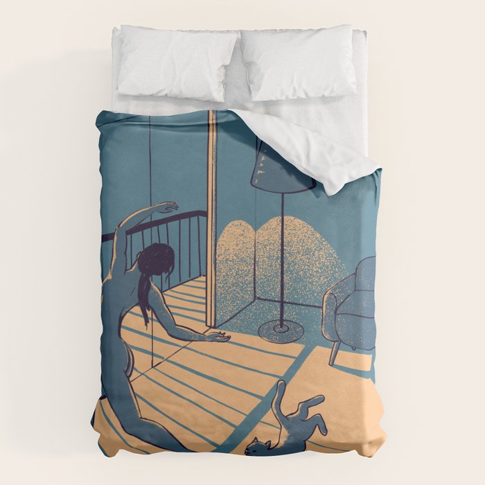 Dancing with the cat | Blue Moody sunset light and shadows Aesthetic room | Naked dance Femme Fatale Duvet Cover Gallery Image 1