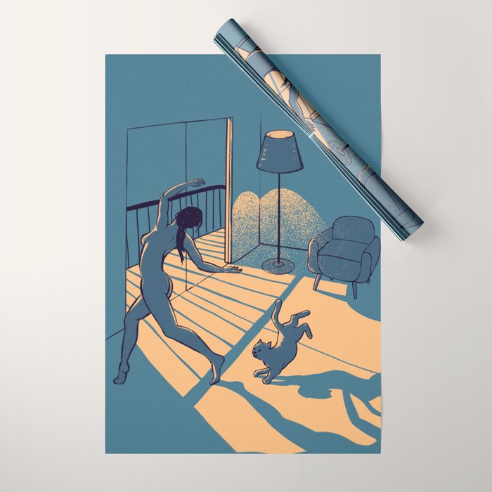 Dancing with the cat | Blue Moody sunset light and shadows Aesthetic room | Naked dance Femme Fatale Wrapping Paper Gallery Image 1