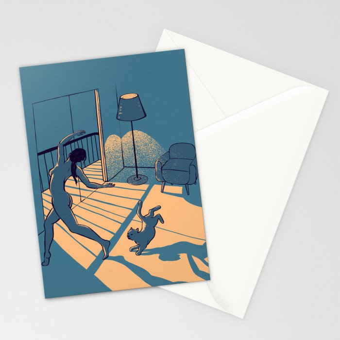 Dancing with the cat | Blue Moody sunset light and shadows Aesthetic room | Naked dance Femme Fatale Stationery Card Gallery Image 2