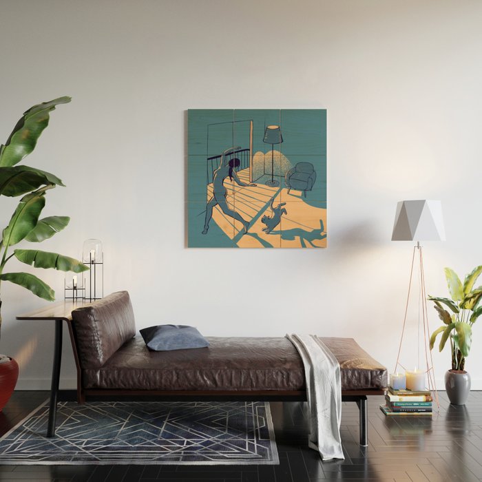 Dancing with the cat | Blue Moody sunset light and shadows Aesthetic room | Naked dance Femme Fatale Wood Wall Art Gallery Image 2