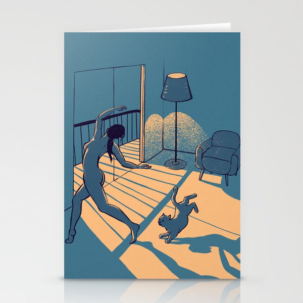 Dancing with the cat | Blue Moody sunset light and shadows Aesthetic room | Naked dance Femme Fatale Stationery Card Gallery Image 2