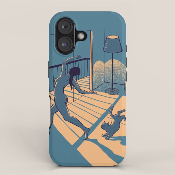Dancing with the cat | Blue Moody sunset light and shadows Aesthetic room | Naked dance Femme Fatale iPhone Case Gallery Image 1