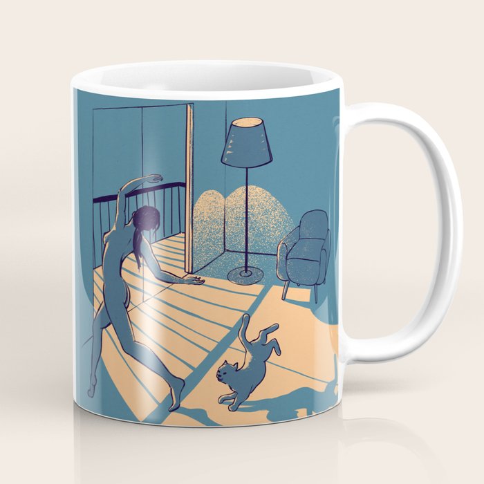 Dancing with the cat | Blue Moody sunset light and shadows Aesthetic room | Naked dance Femme Fatale Coffee Mug Gallery Image 1