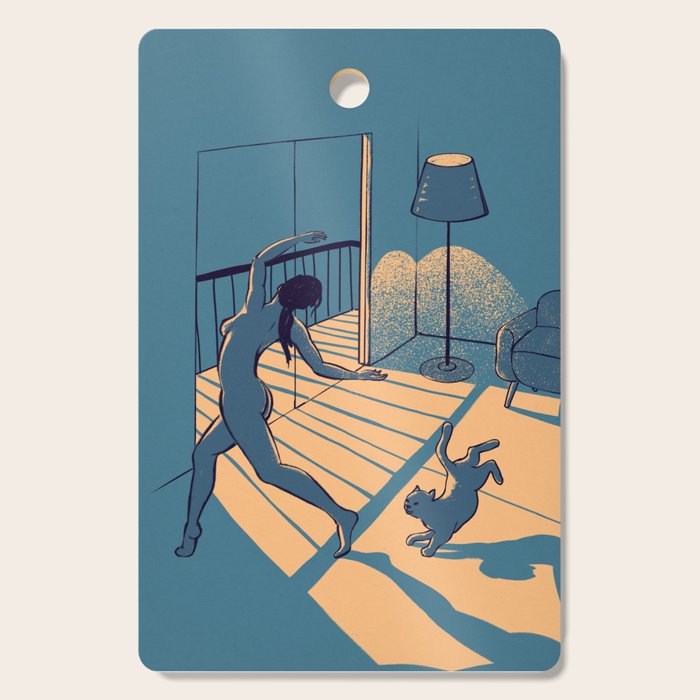 Dancing with the cat | Blue Moody sunset light and shadows Aesthetic room | Naked dance Femme Fatale Cutting Board Gallery Image 1