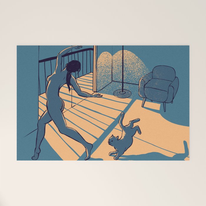 Dancing with the cat | Blue Moody sunset light and shadows Aesthetic room | Naked dance Femme Fatale Welcome Mat Gallery Image 1