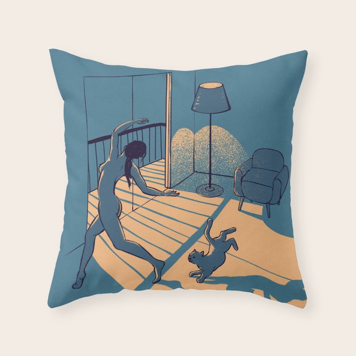 Dancing with the cat | Blue Moody sunset light and shadows Aesthetic room | Naked dance Femme Fatale Throw Pillow Gallery Image 6