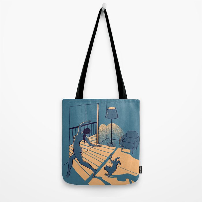 Dancing with the cat | Blue Moody sunset light and shadows Aesthetic room | Naked dance Femme Fatale Tote Bag Gallery Image 2