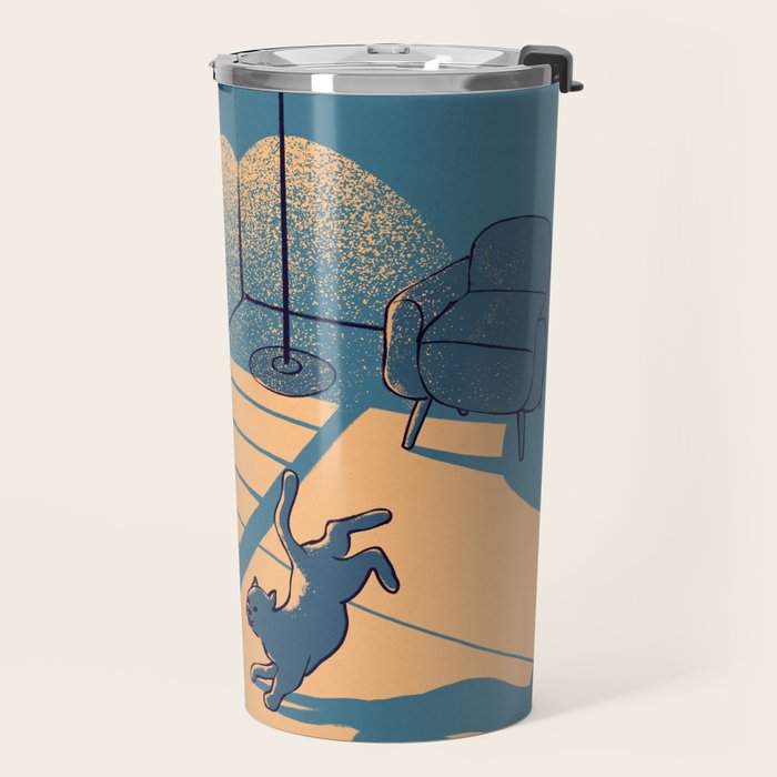 Dancing with the cat | Blue Moody sunset light and shadows Aesthetic room | Naked dance Femme Fatale Travel Mug Gallery Image 2