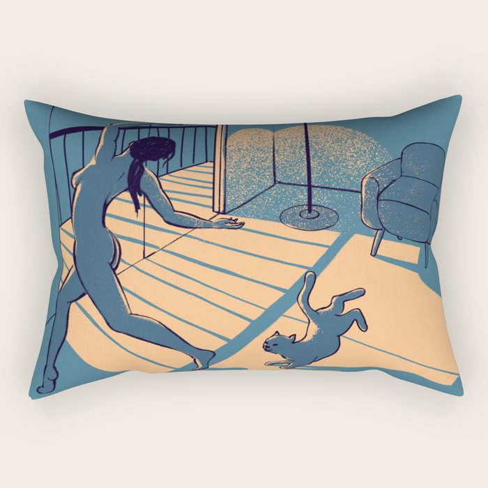 Dancing with the cat | Blue Moody sunset light and shadows Aesthetic room | Naked dance Femme Fatale Rectangular Pillow Gallery Image 2
