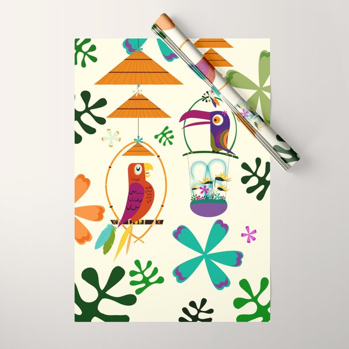 Vintage Modern Tiki Birds Wrapping Paper Gallery Image 1