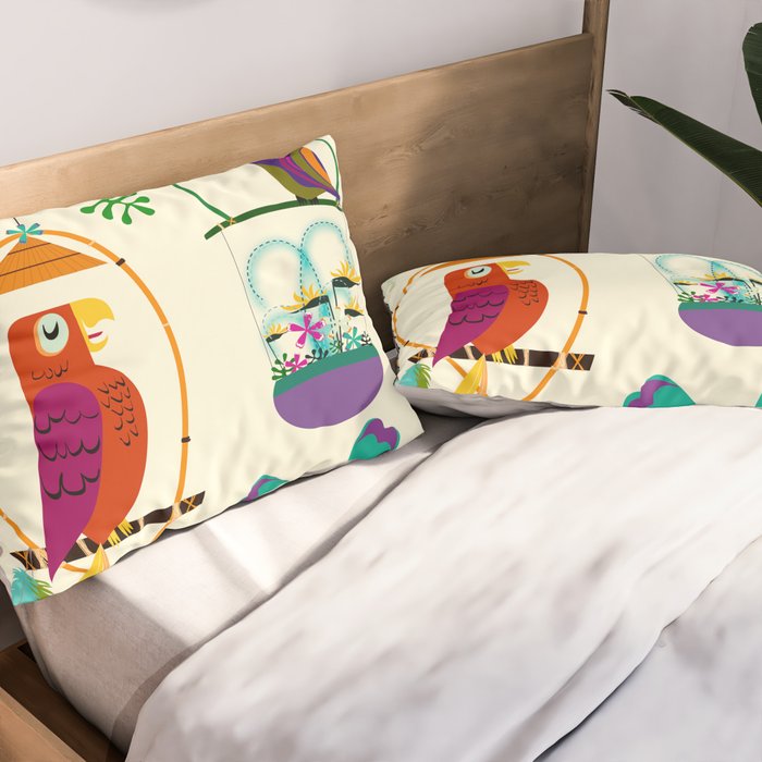Vintage Modern Tiki Birds Pillow Sham Gallery Image 2