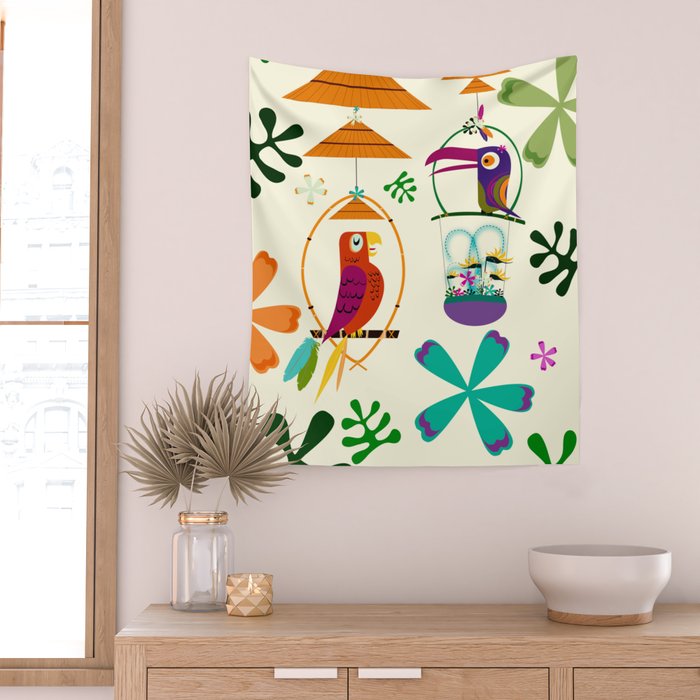 Vintage Modern Tiki Birds Wall Tapestry Gallery Image 2