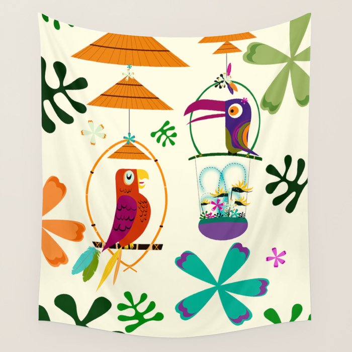 Vintage Modern Tiki Birds Wall Tapestry Gallery Image 1