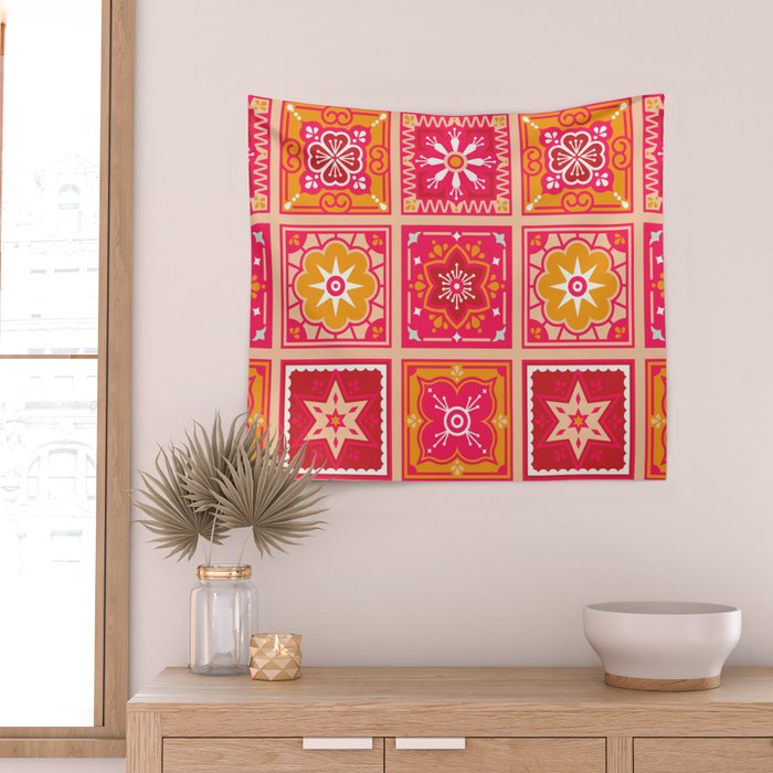 Talavera Mexican Tile - Hot Pink & Orange Palette Wall Tapestry Gallery Image 2