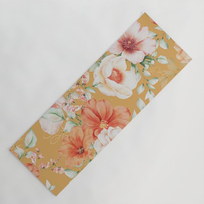 Peach Florals with Painted Speckles on Yellow Yoga Mat Gallery Image 1