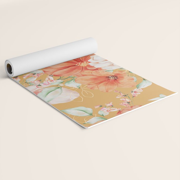 Peach Florals with Painted Speckles on Yellow Yoga Mat Gallery Image 2