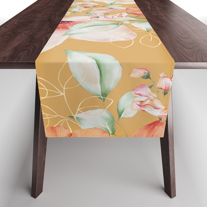 Peach Florals with Painted Speckles on Yellow Table Runner Gallery Image 1