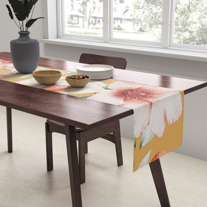 Peach Florals with Painted Speckles on Yellow Table Runner Gallery Image 2
