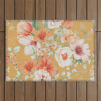 Peach Florals with Painted Speckles on Yellow Outdoor Rug Gallery Image 1