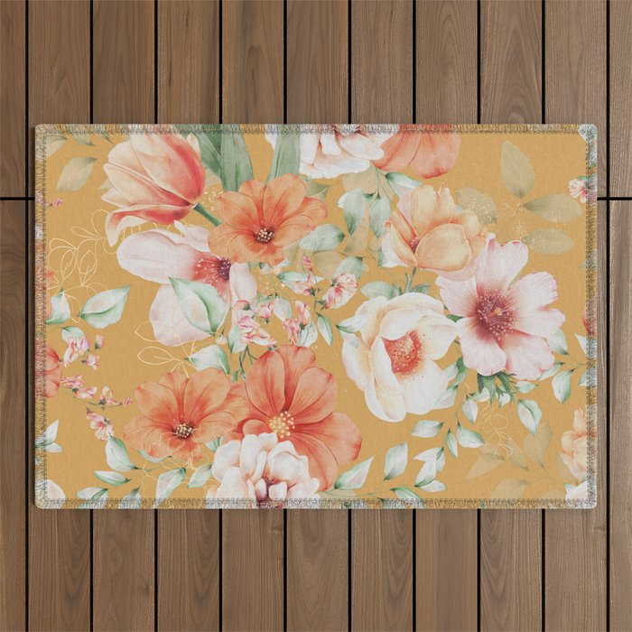 Peach Florals with Painted Speckles on Yellow Outdoor Rug Gallery Image 1