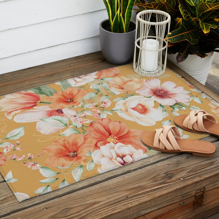 Peach Florals with Painted Speckles on Yellow Outdoor Rug Gallery Image 2