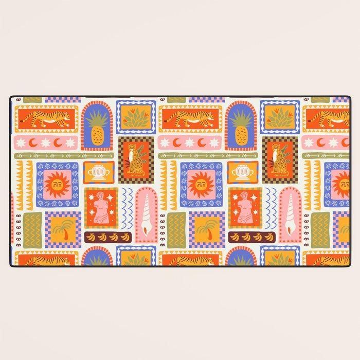 Vintage tropical summer patchwork tapestry pattern Desk Mat Gallery Image 3