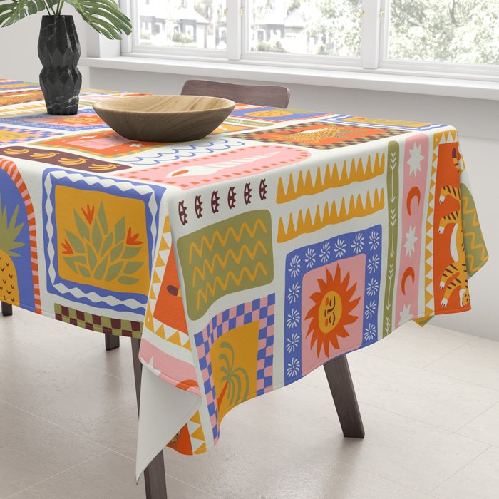 Vintage tropical summer patchwork tapestry pattern Tablecloth Gallery Image 3