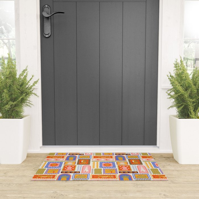 Vintage tropical summer patchwork tapestry pattern Welcome Mat Gallery Image 3