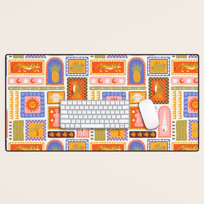 Vintage tropical summer patchwork tapestry pattern Desk Mat Gallery Image 1