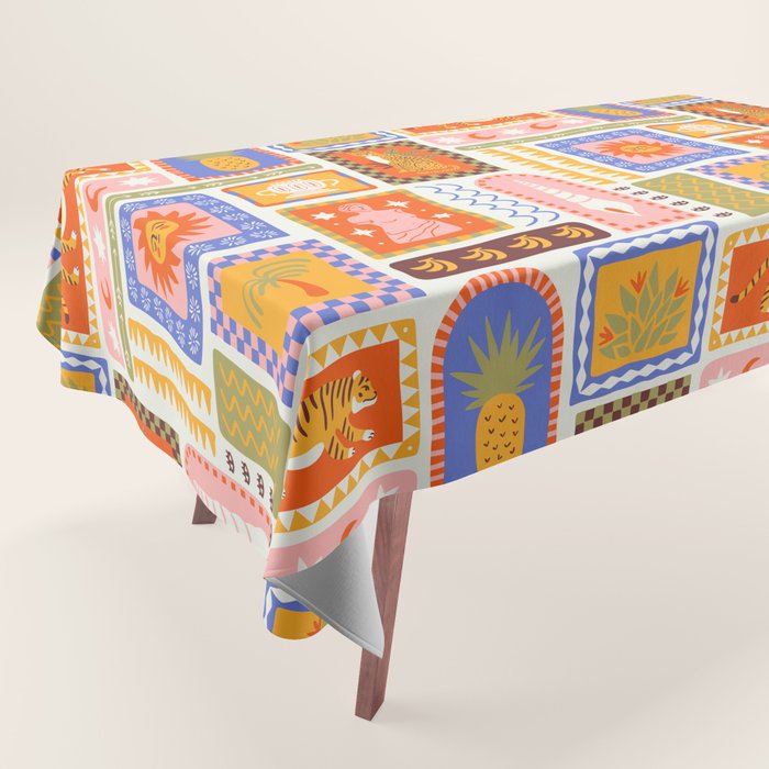Vintage tropical summer patchwork tapestry pattern Tablecloth Gallery Image 1