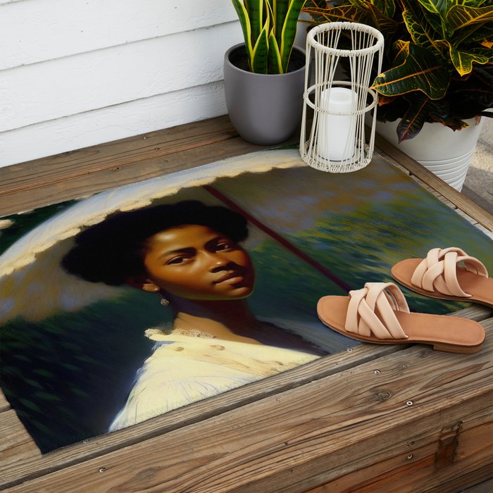African American Woman with a Parasol still life Impressionism portrait painting Outdoor Rug Gallery Image 2