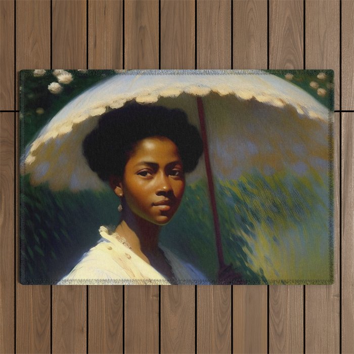 African American Woman with a Parasol still life Impressionism portrait painting Outdoor Rug Gallery Image 1