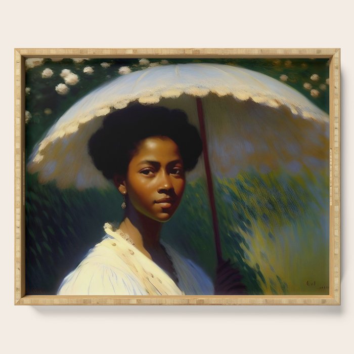 African American Woman with a Parasol still life Impressionism portrait painting Serving Tray Gallery Image 1
